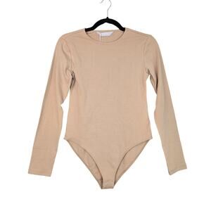 MANGOPOP Bodysuit Womens Medium Beige Long Sleeve Crew Neck Snap Closure Stretch